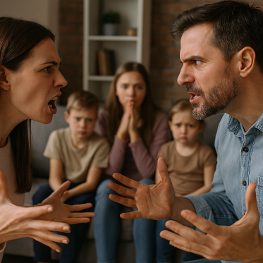 Ein streitendes Ehepaar mit 3 Kindern im Hintergrund