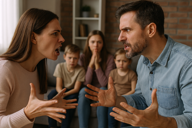 Ein streitendes Ehepaar mit 3 Kindern im Hintergrund