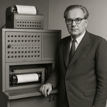 Symbolbild Konrad Zuse mit Rechner