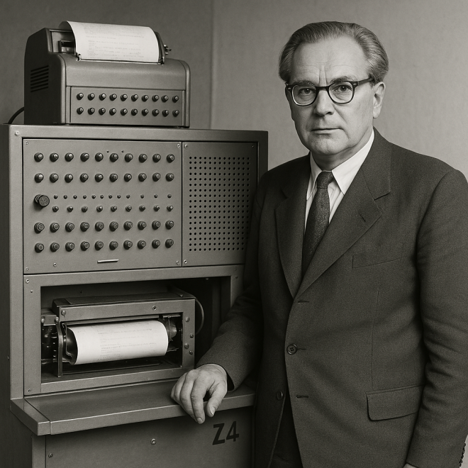 Symbolbild Konrad Zuse mit Rechner